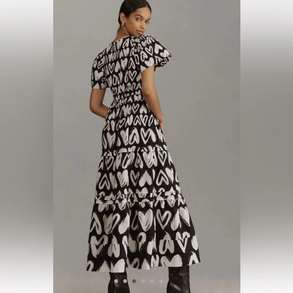 Anthropologie The Somerset Maxi Dress Smocked Heart Edition Poplin Black White - Picture 3 of 7